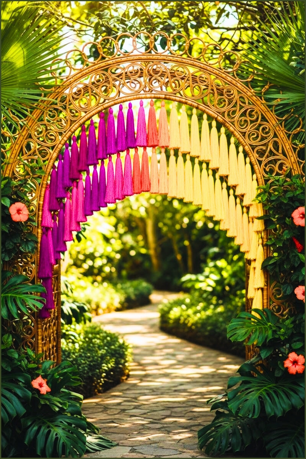 Woven Rattan Archway Decorated With Colorful Tassels In Ombre Gradient