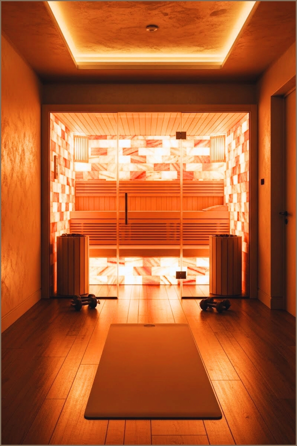 luxury home wellness gym with Himalayan salt sauna