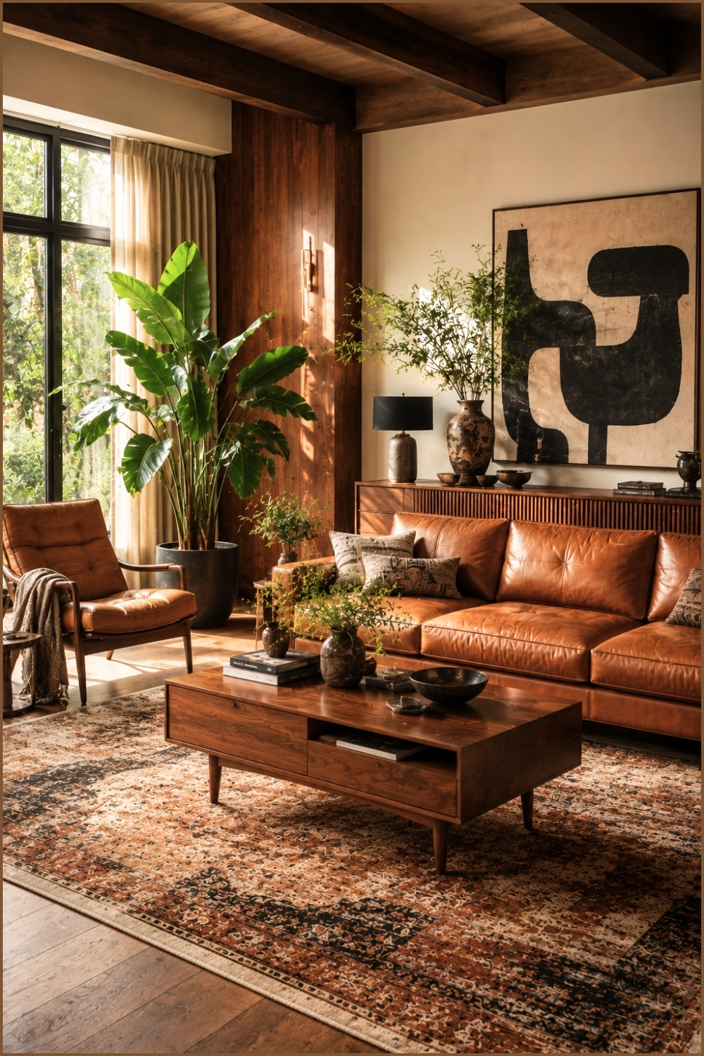 Balance Vintage Leather Sofa With Mid-Century Modern Wooden Coffee Table Design