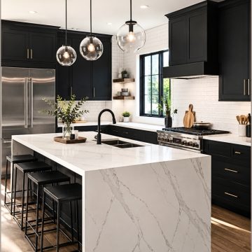 Black And White Kitchen Island With Marble Waterfall Countertop