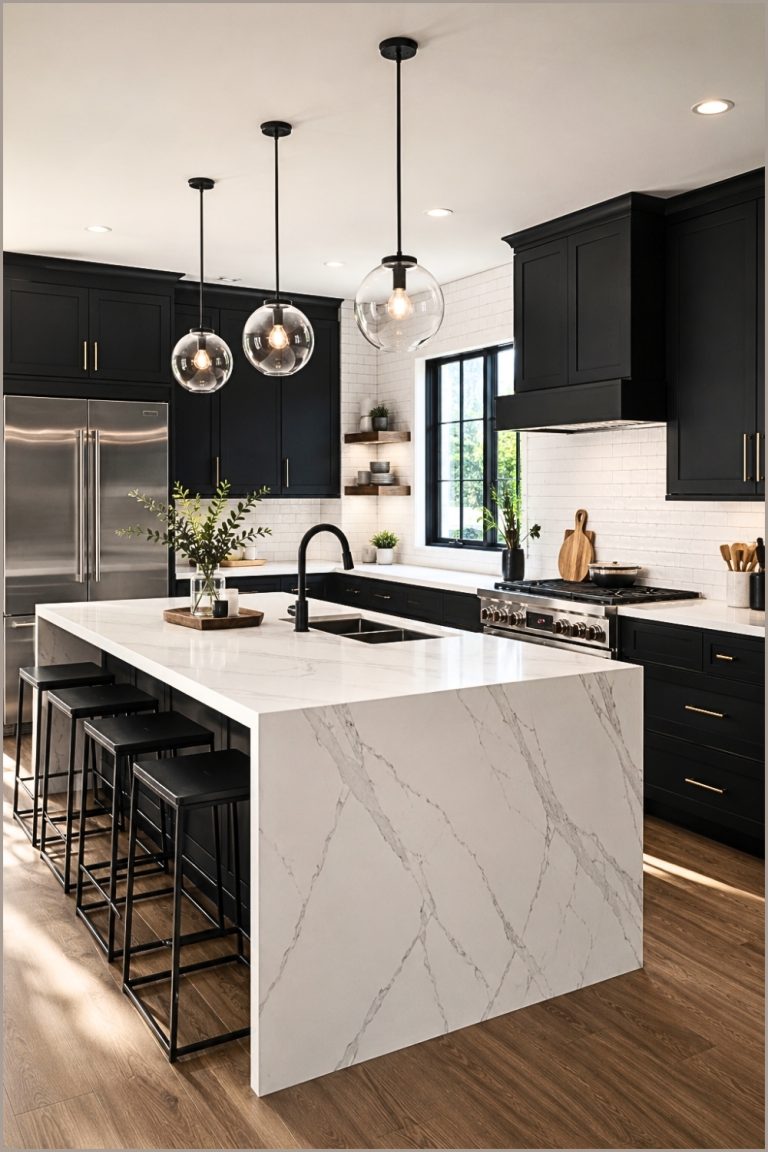 Black And White Kitchen Island With Marble Waterfall Countertop