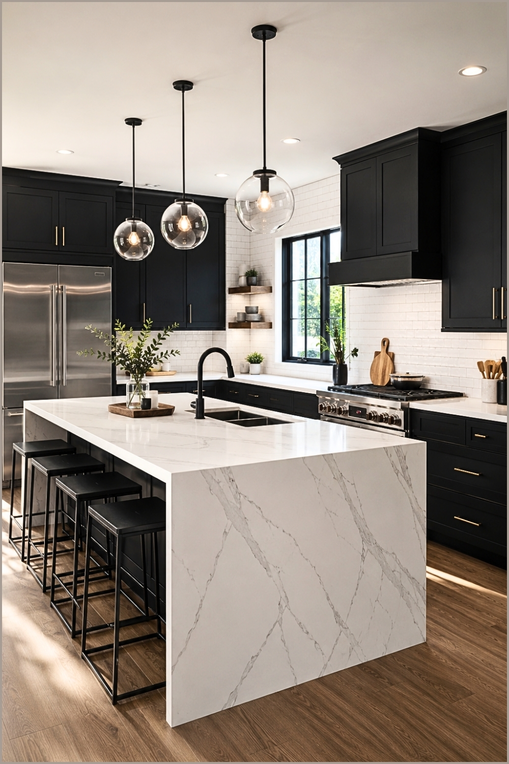 Black And White Kitchen Island With Marble Waterfall Countertop