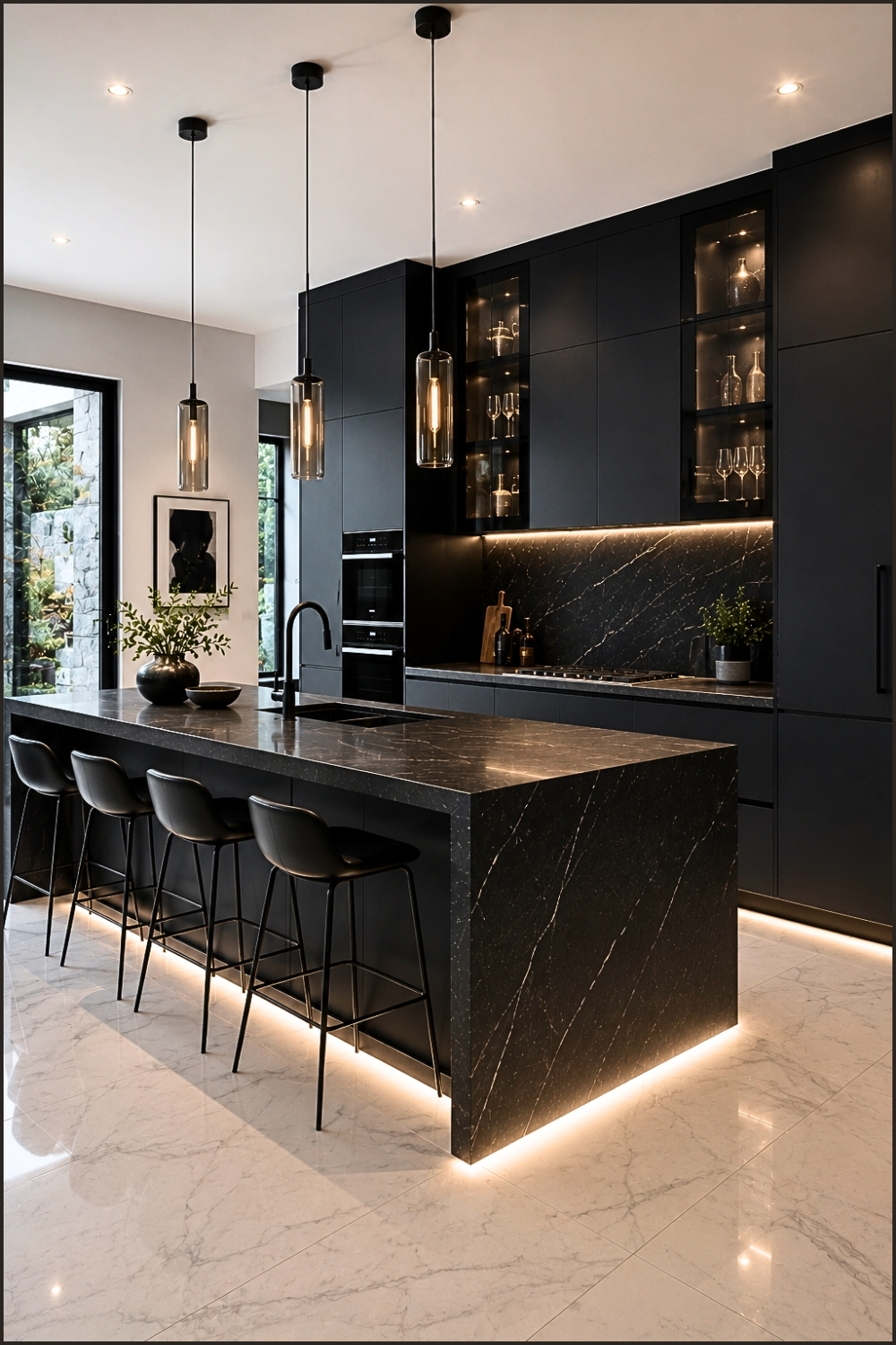 Black And White Kitchen With LED Floor Lighting