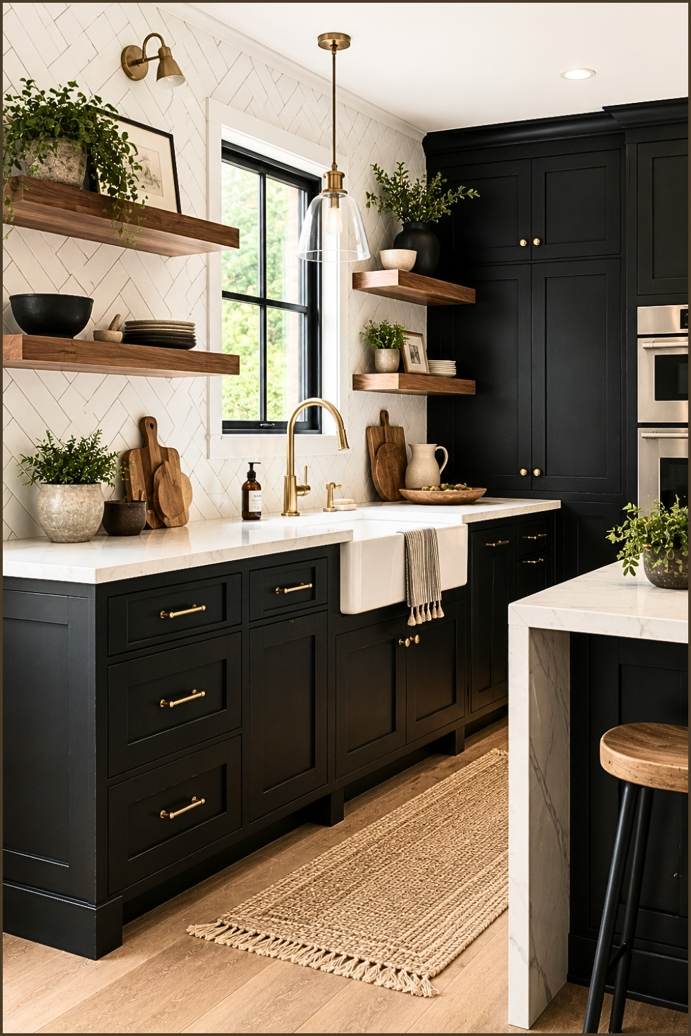 Black Farmhouse Kitchen With Open Wood Shelving