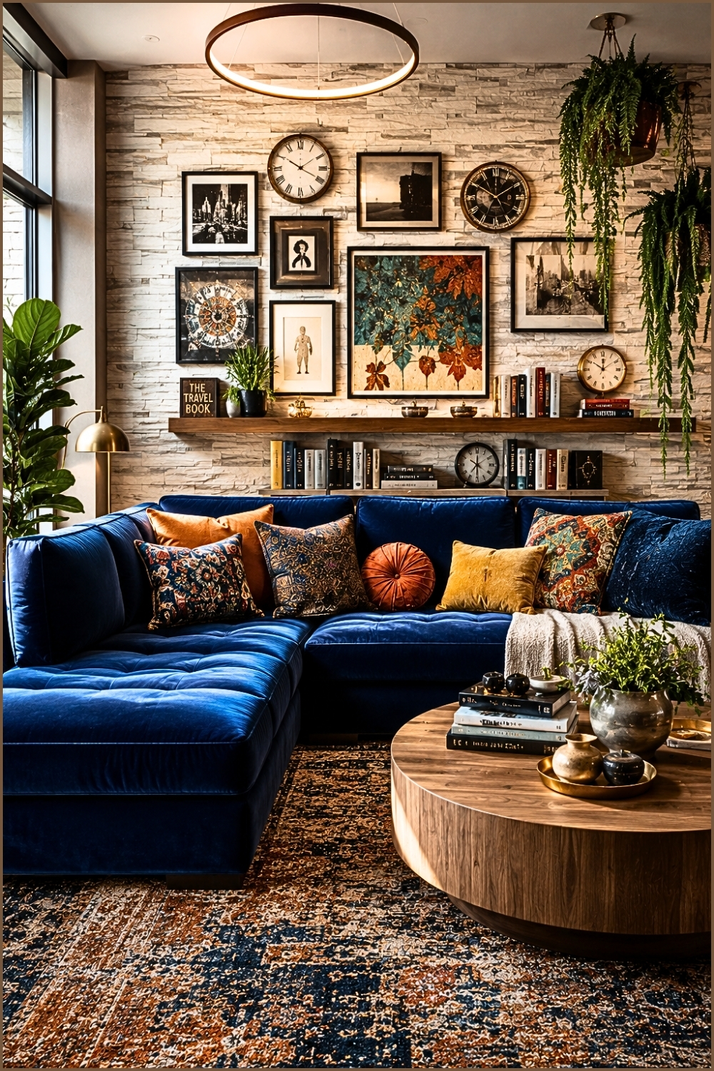 Blue Velvet Sofa with Gallery Wall