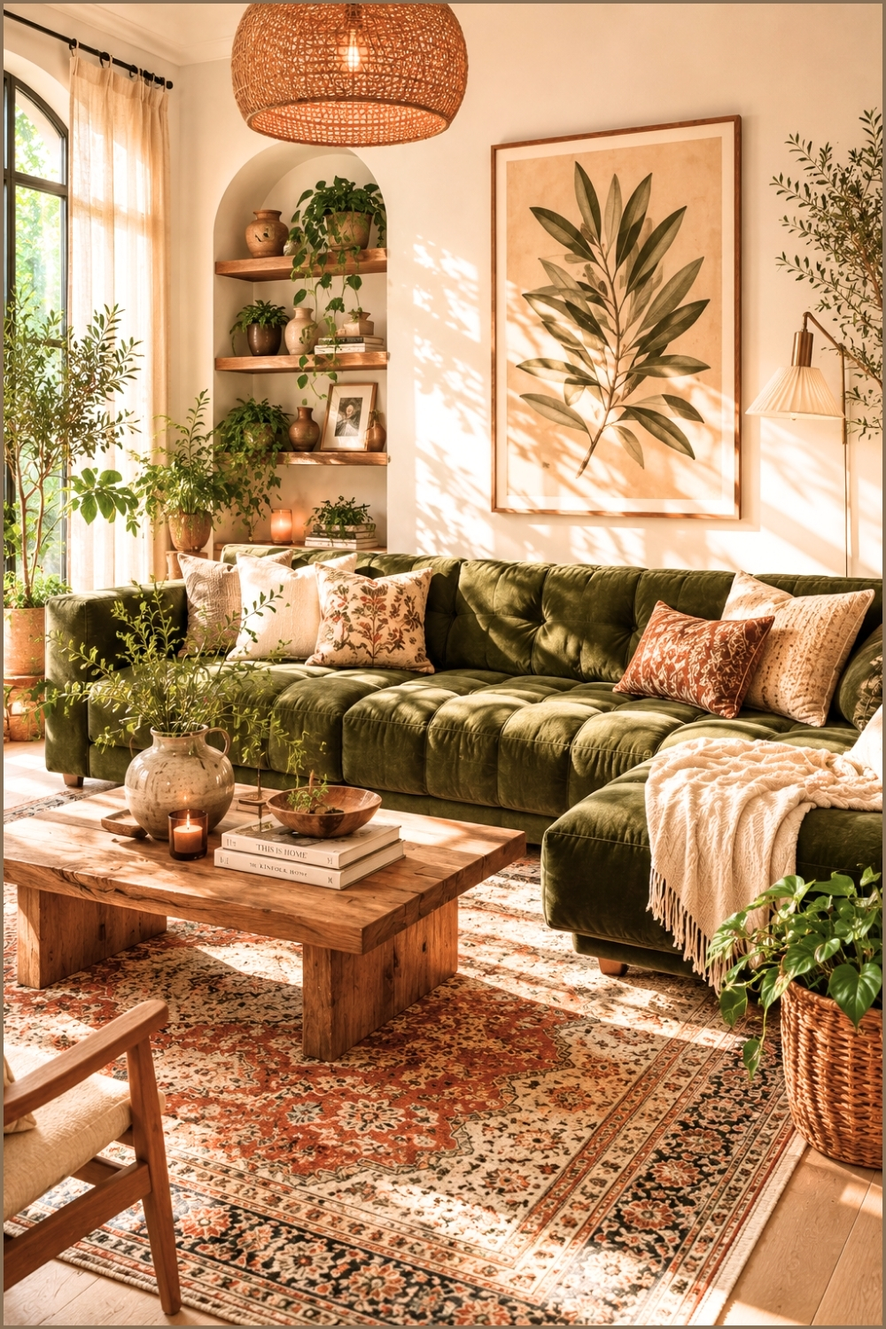 Boho Green Sofa with Botanical Artwork
