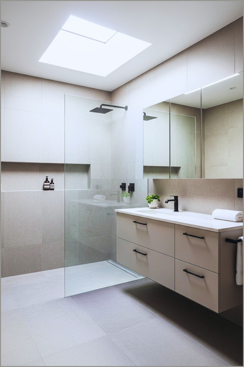 Bright Modern Bathroom Interior, Large-format Grey Tiles