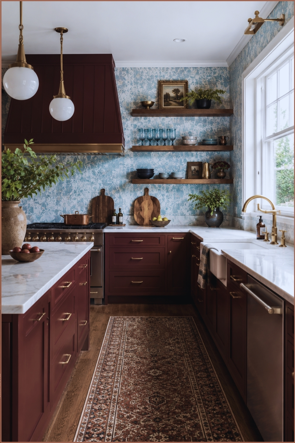 Burgundy Cabinets with Soft Blue Patterned Backsplash