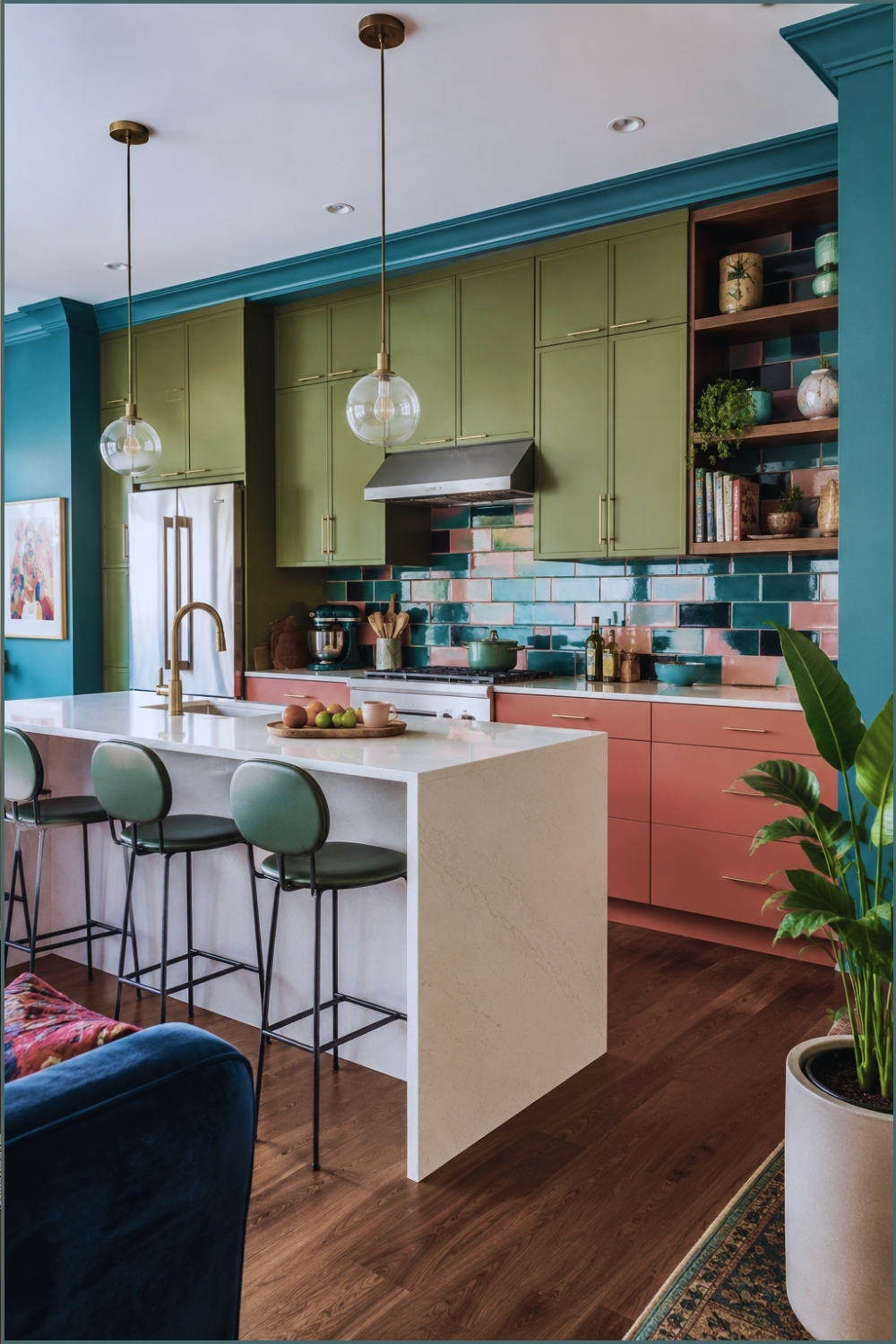 Color-Blocked Coral and Olive Modern Kitchen