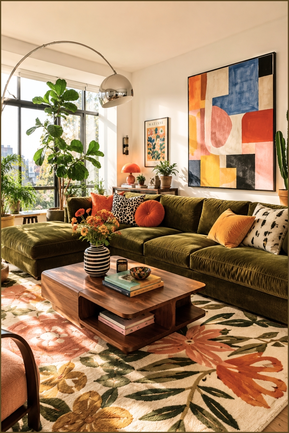 Colorful Artistic Living Room with Green Sectional