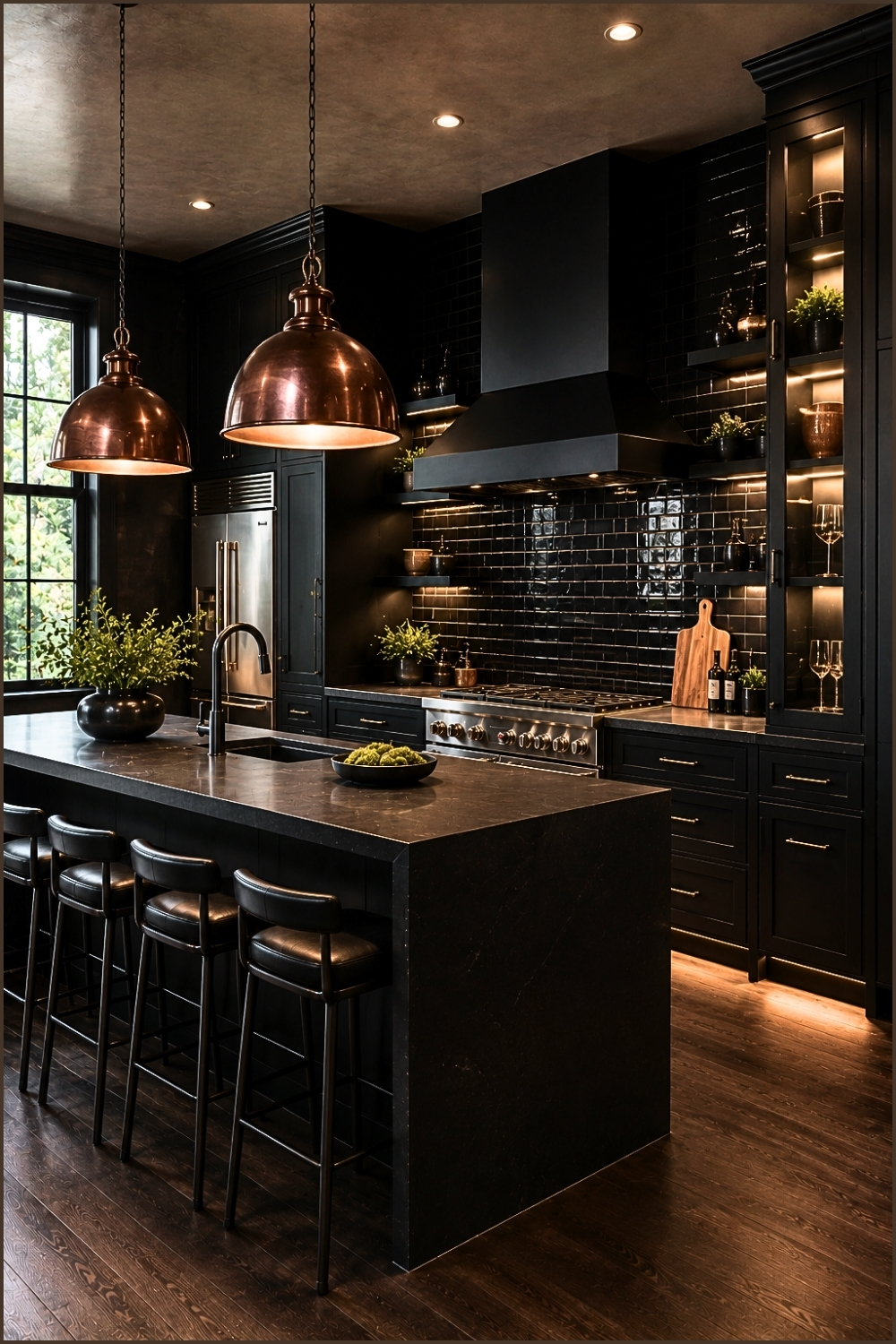 Contemporary Black Kitchen With Copper Pendant Lighting