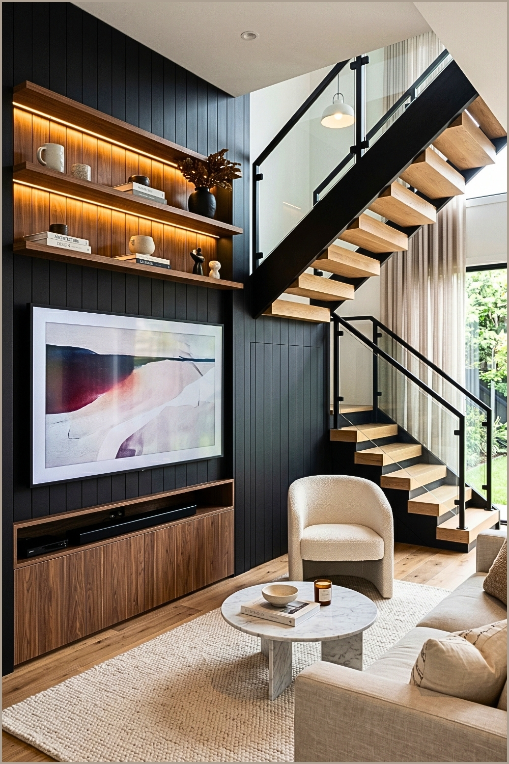 Contemporary TV Feature Wall Under Staircase