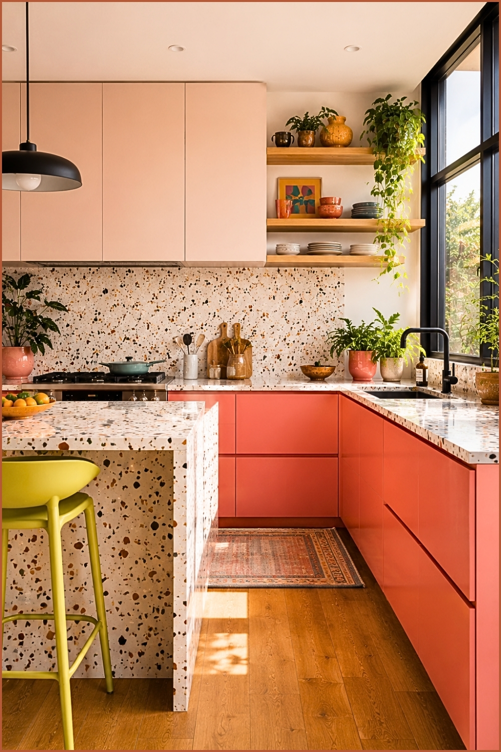 Coral Cabinet Kitchen with Terrazzo Surfaces