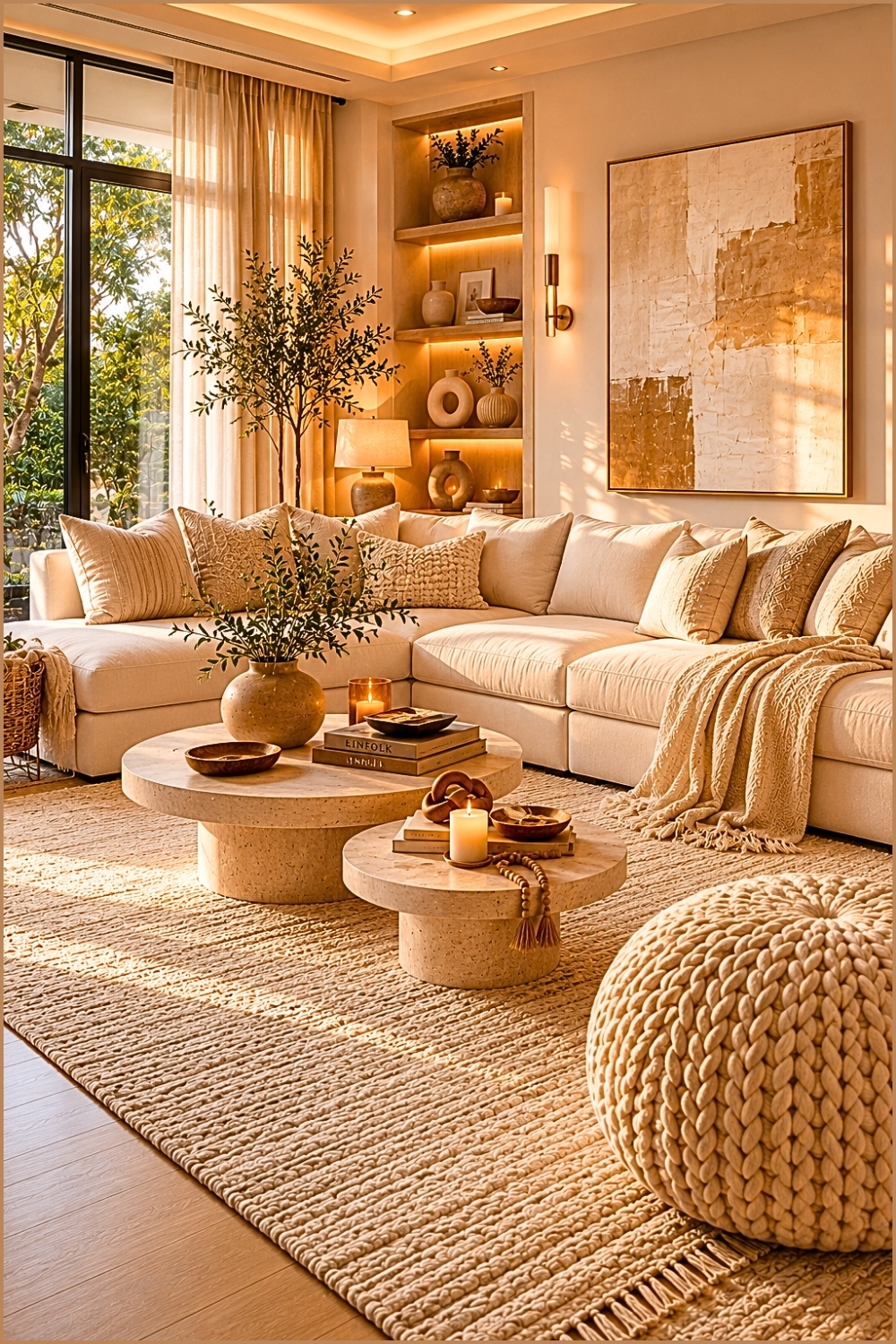 Cozy Neutral Living Room with Knit Pouf