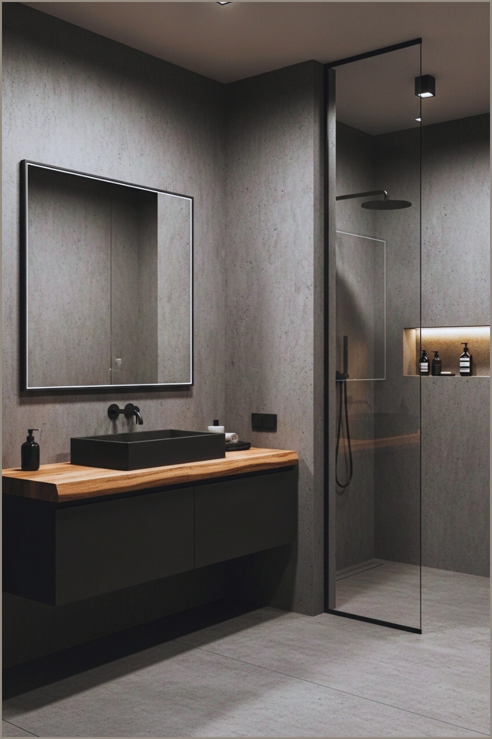 Dark Modern Bathroom Interior, Textured Concrete
