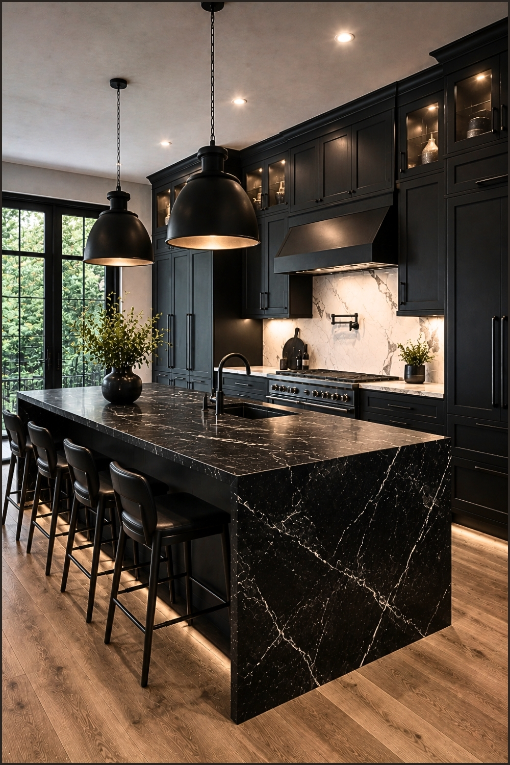 Dark Modern Kitchen With Oversized Marble Island