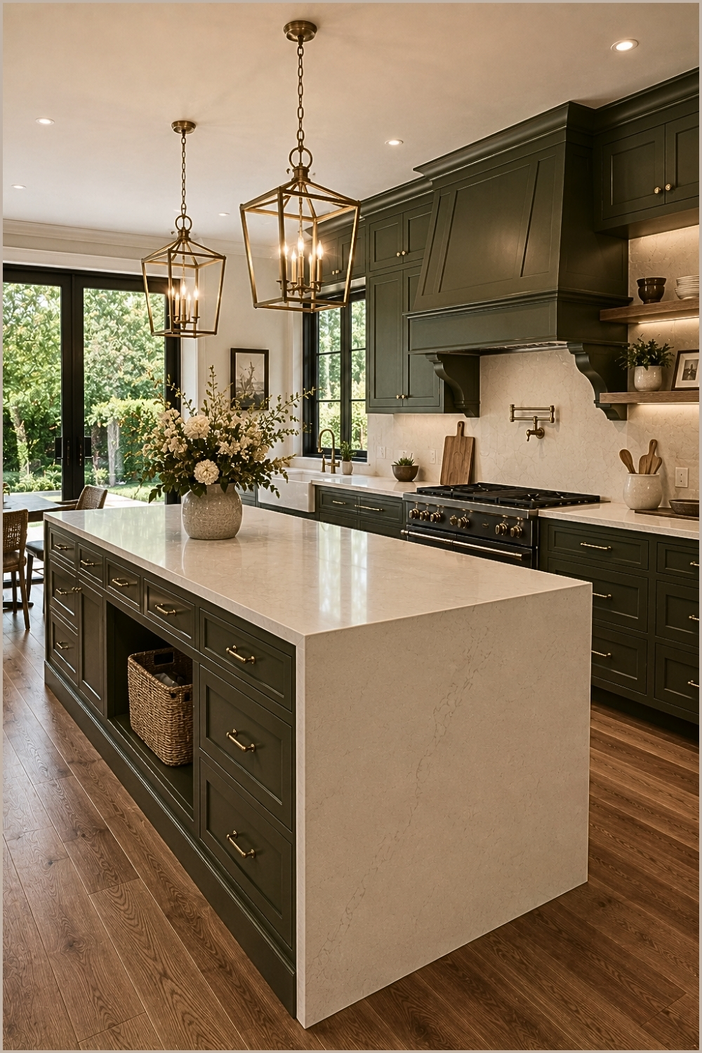Dark Olive Kitchen with Brass Lighting