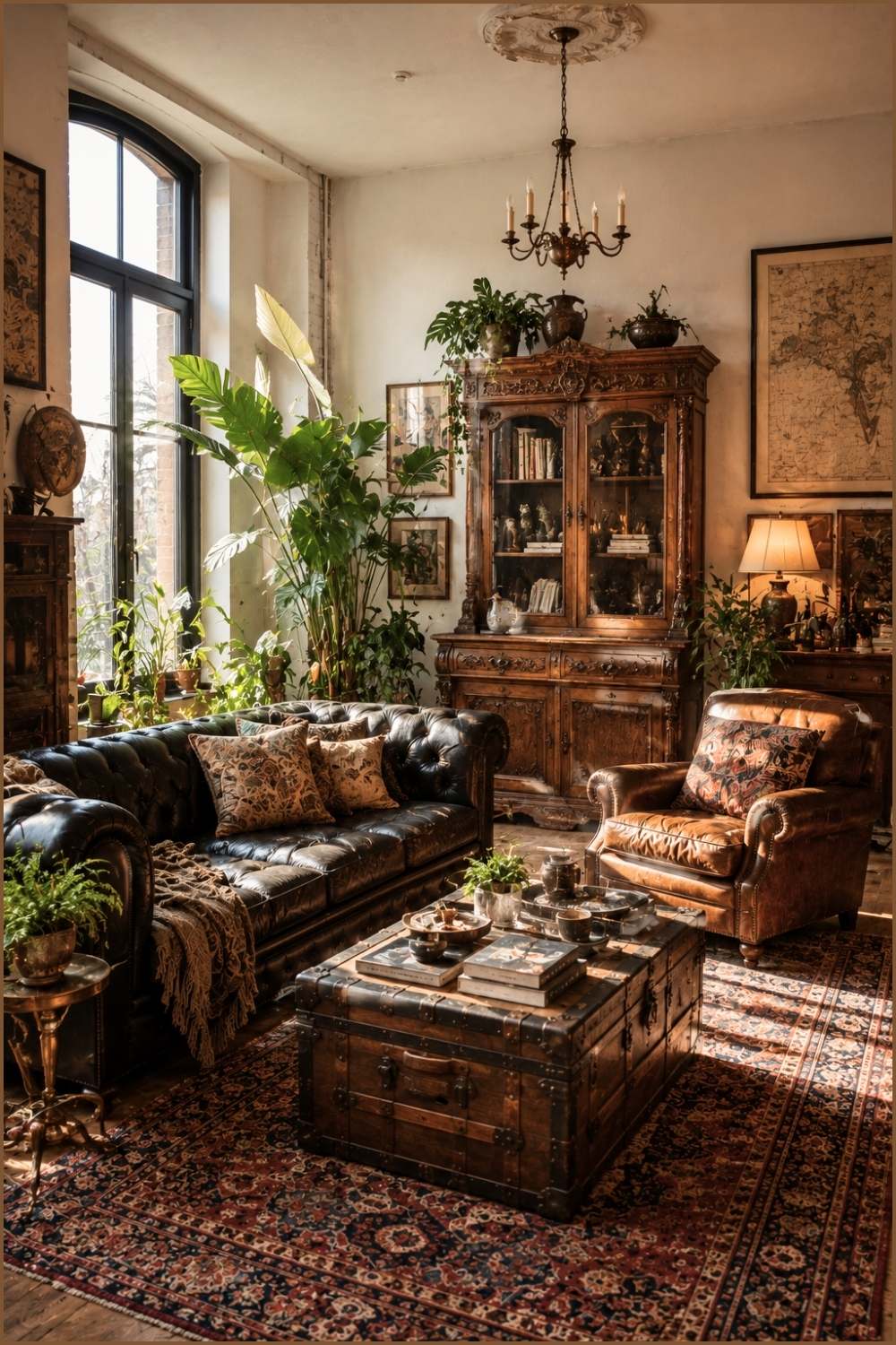 Display Antique Wooden Cabinet to Anchor Vintage Living Room Design