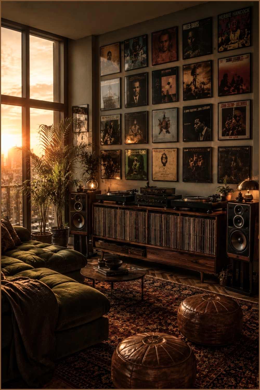 Display Vinyl Record Art Grid to Highlight Vintage Living Room Design