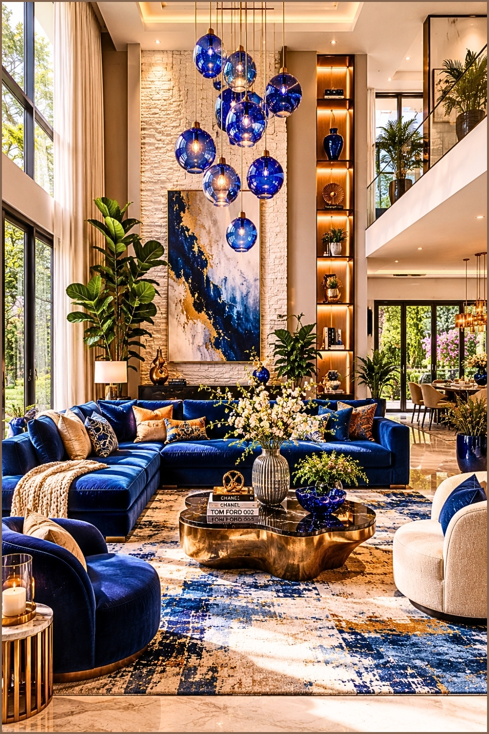 Double-Height Living Room with Blue Sofa