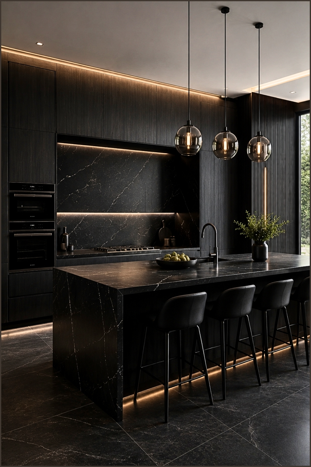 Dramatic All-Black Kitchen With Stone Backsplash