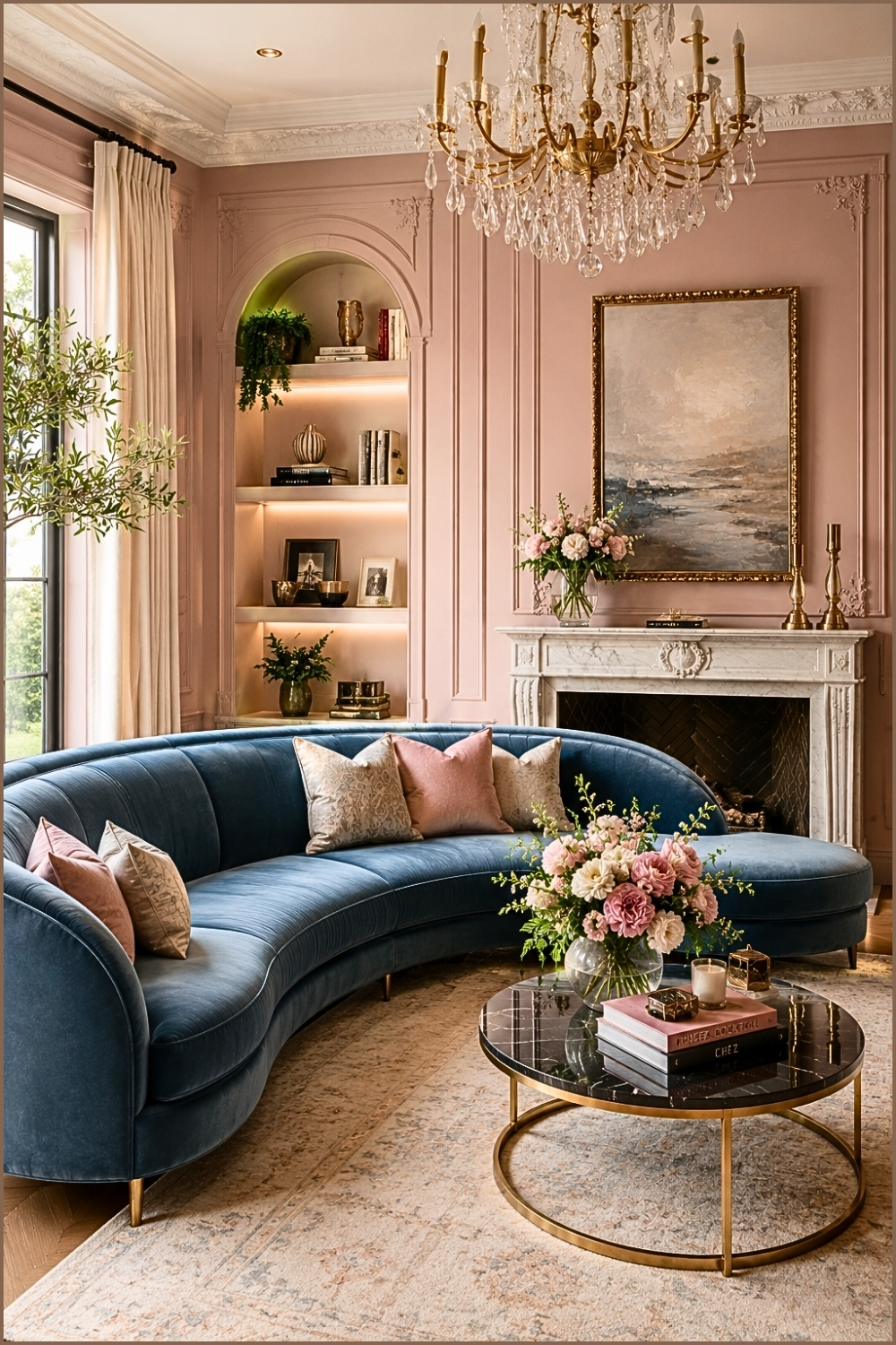 Dusty Blue Sofa with Blush Accent Walls