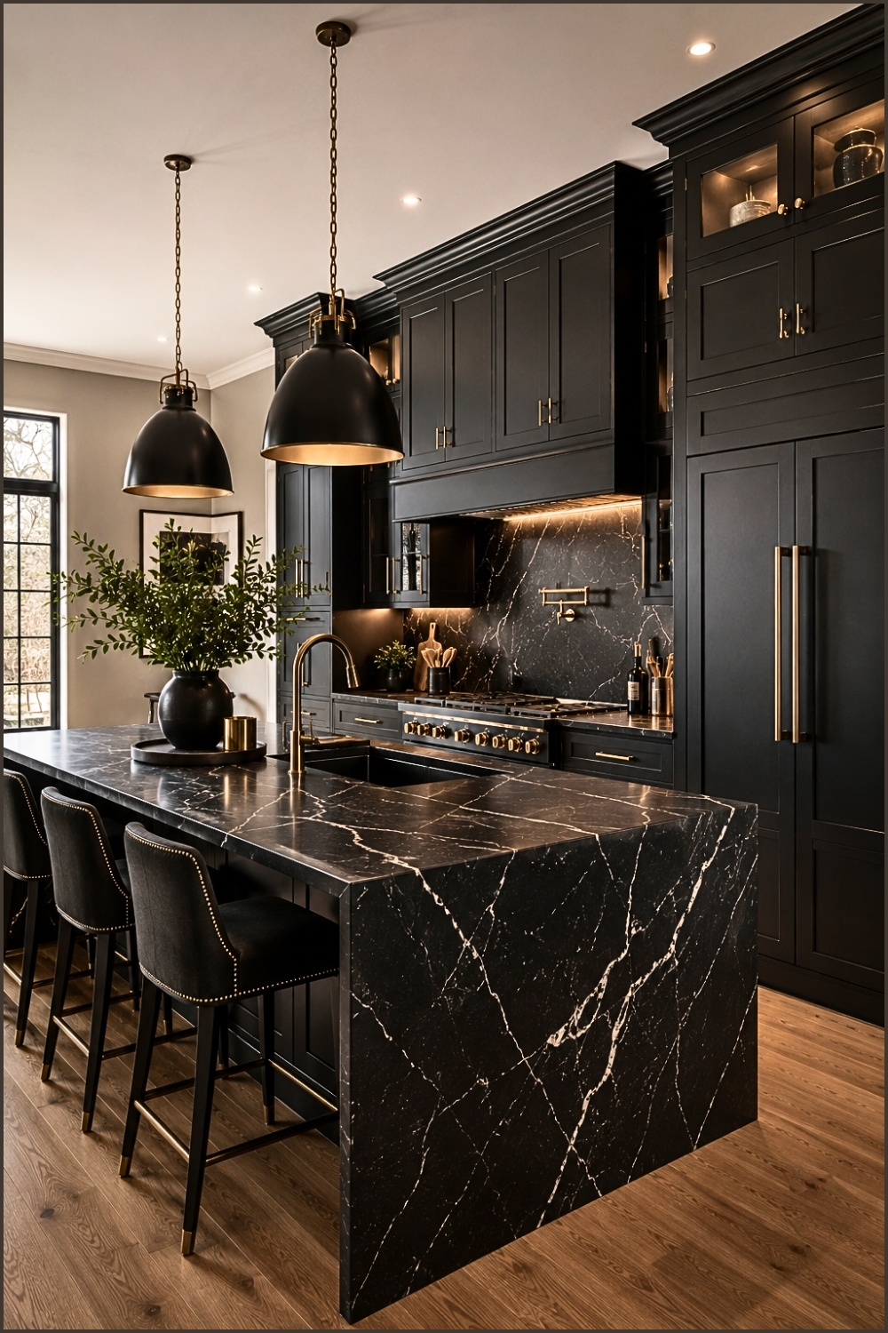 Elegant Black Kitchen With Brass Hardware And Marble Island