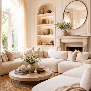 Elegant Cream Living Room with Built-In Shelving