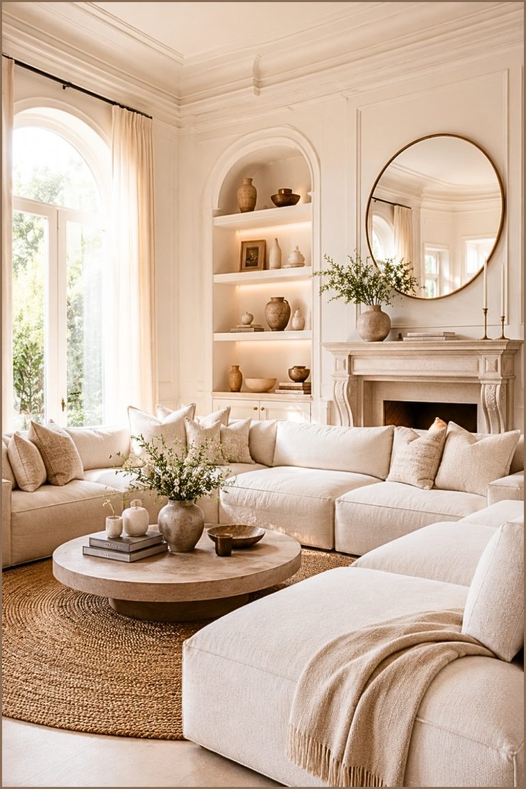 Elegant Cream Living Room with Built-In Shelving