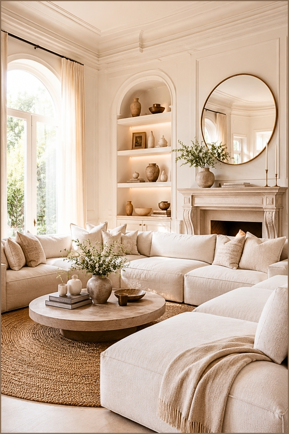 Elegant Cream Living Room with Built-In Shelving