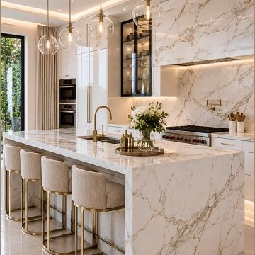 Elegant Marble Waterfall Kitchen