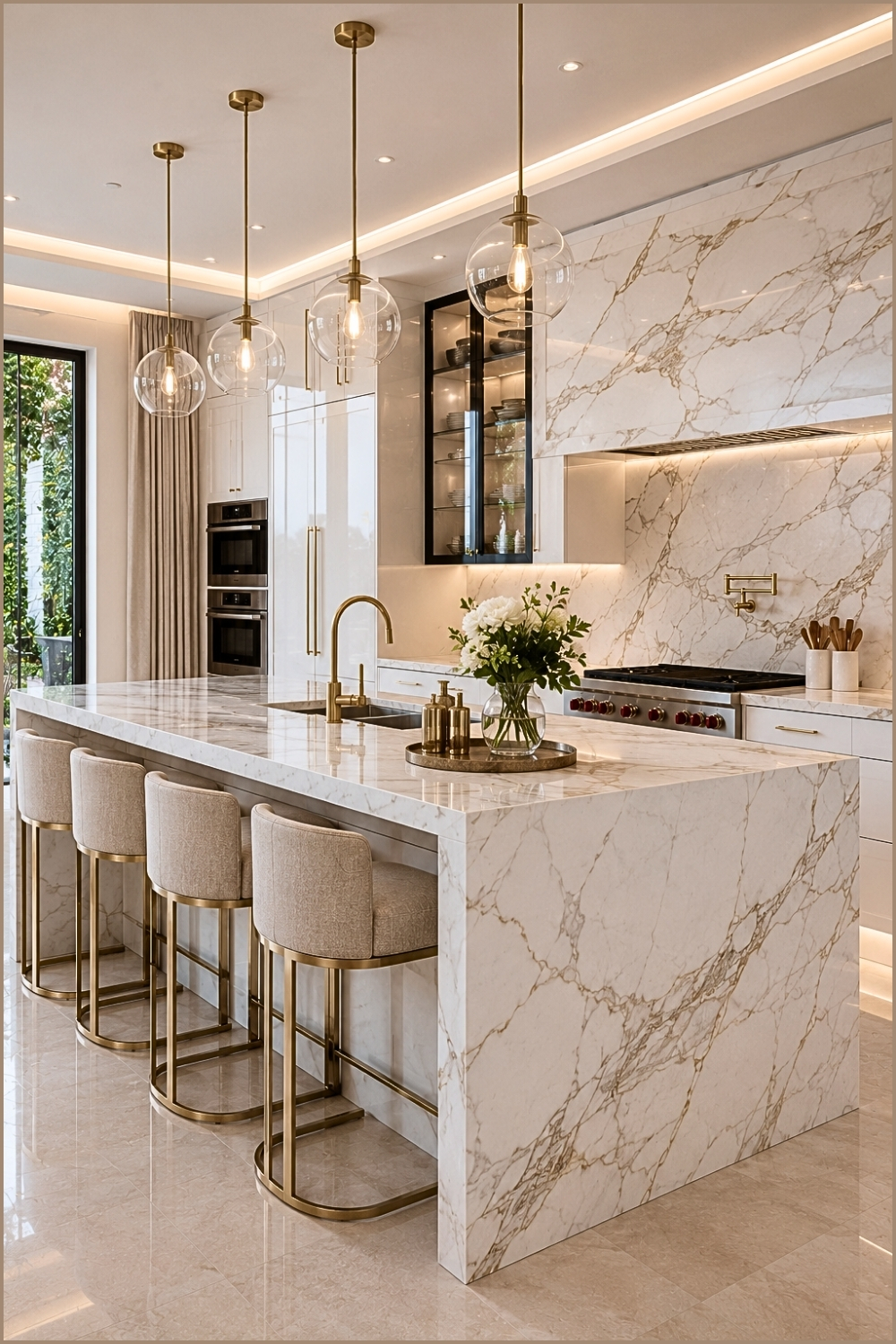 Elegant Marble Waterfall Kitchen