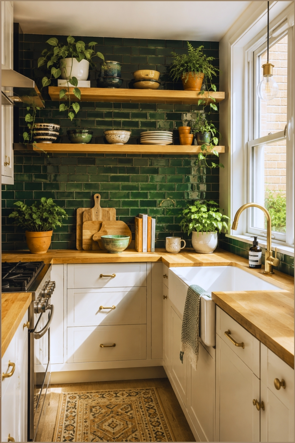 Emerald Tile Kitchen with Floating Shelves