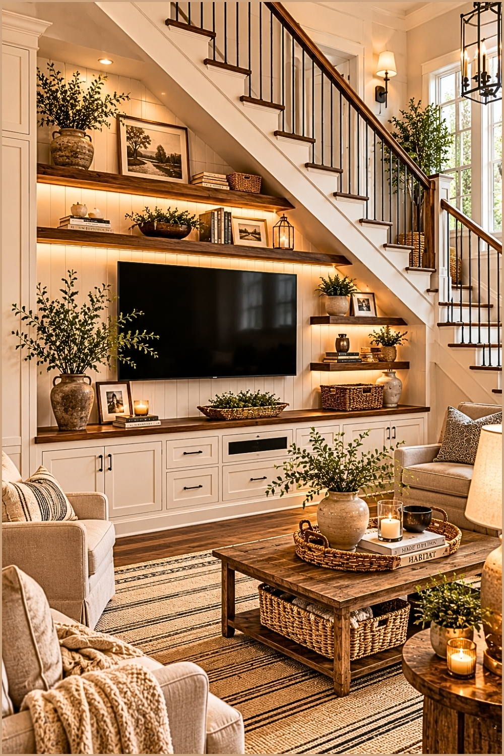 Farmhouse TV Wall Under Stairs
