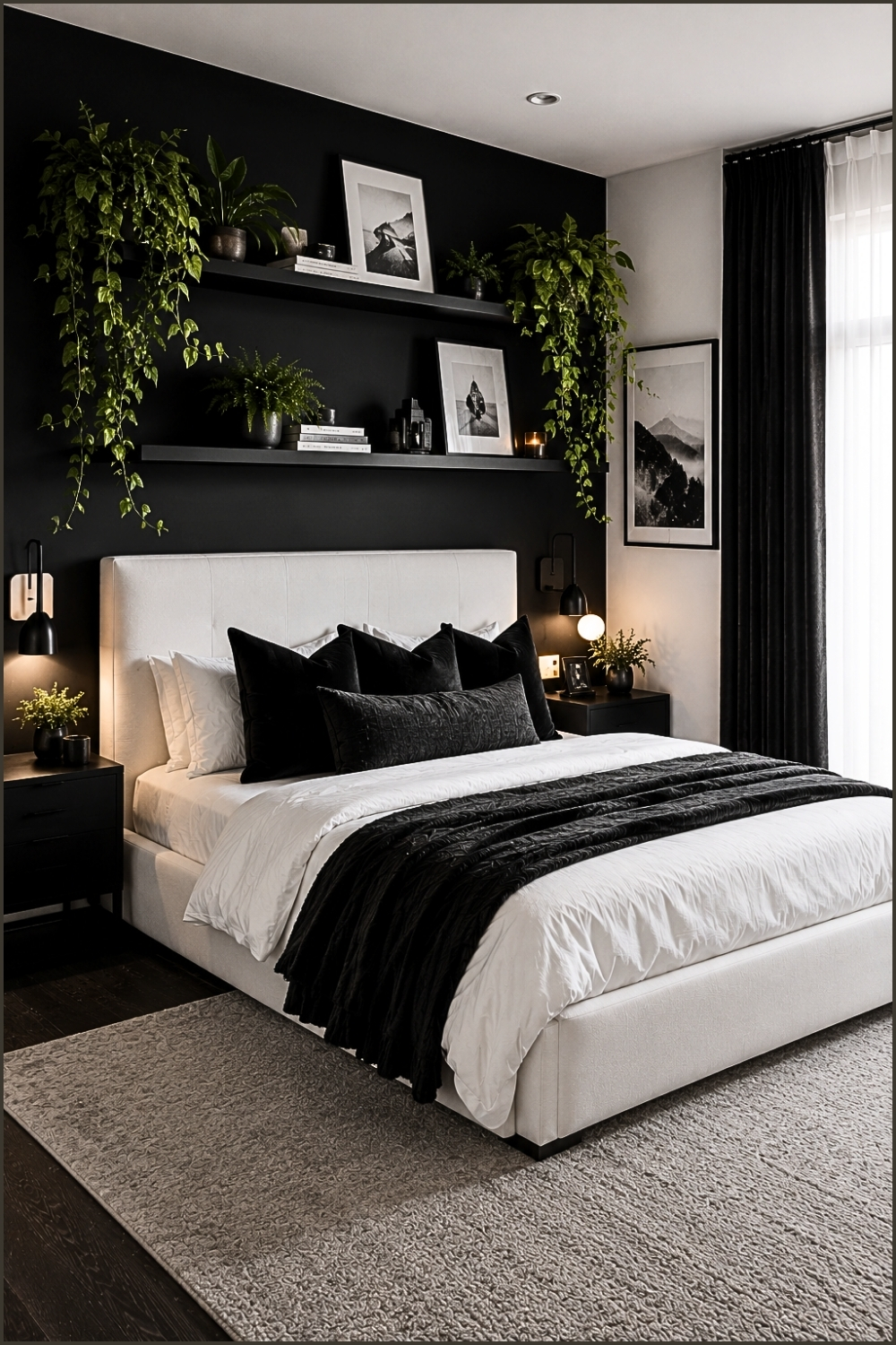 Floating Shelves Black and White Bedroom