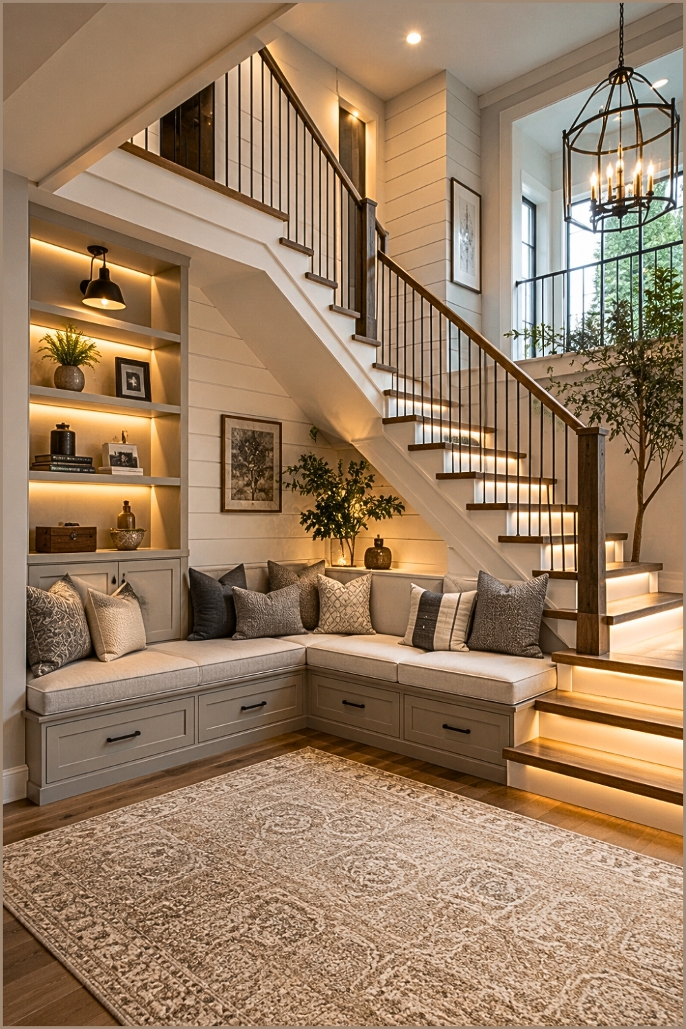 High-Ceiling Staircase Seating Nook