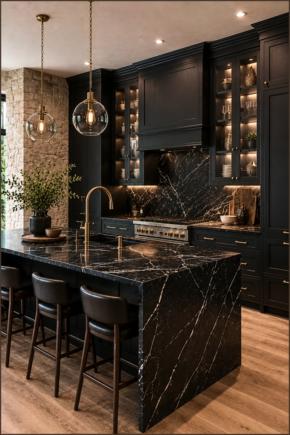 Luxury Black Kitchen With Marble Backsplash And Brass Fixtures
