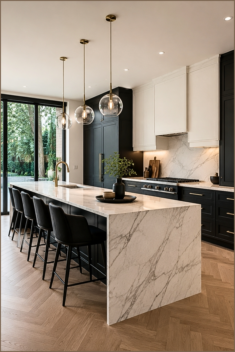 Luxury Black & White Waterfall Kitchen Island