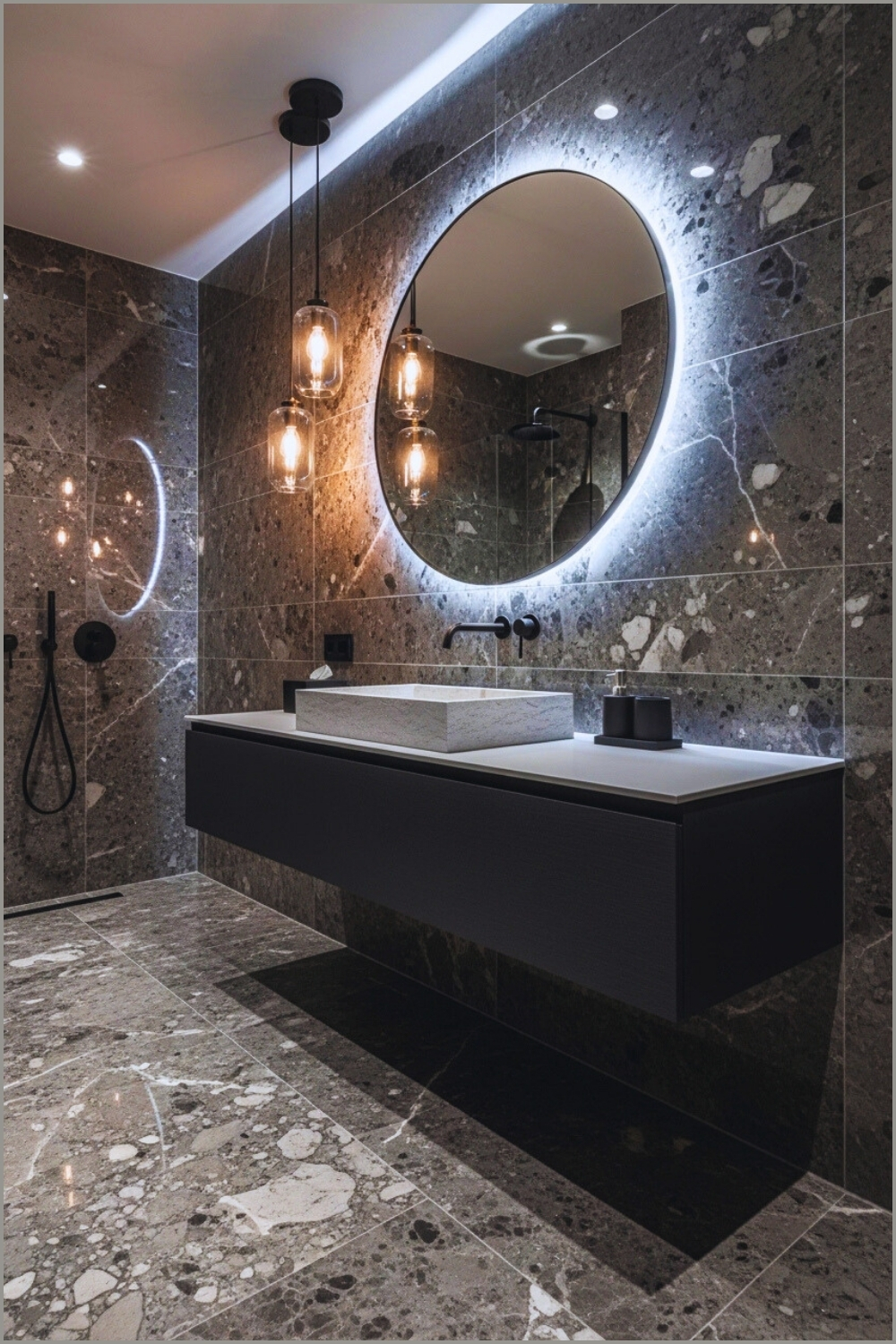 Luxury Modern Bathroom, Dark Grey Marble Tiles