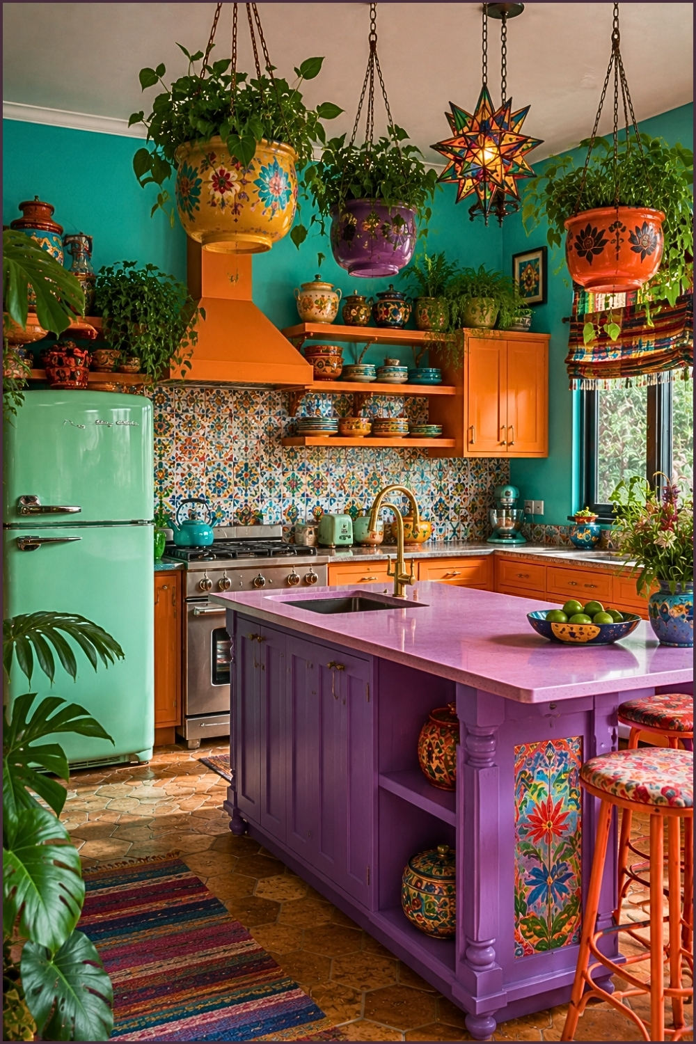Maximalist Rainbow Kitchen with Hanging Planters