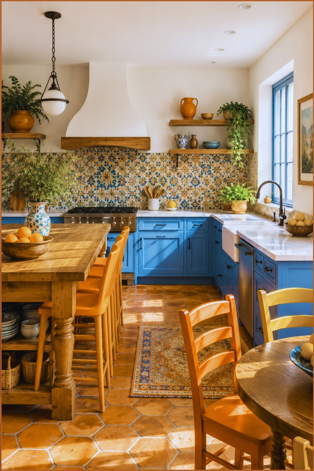 Mediterranean Colorful Kitchen with Terracotta Floors