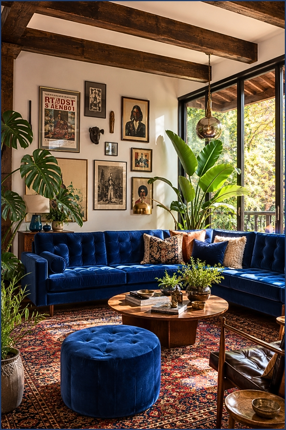 Mid-Century Blue Velvet Living Room