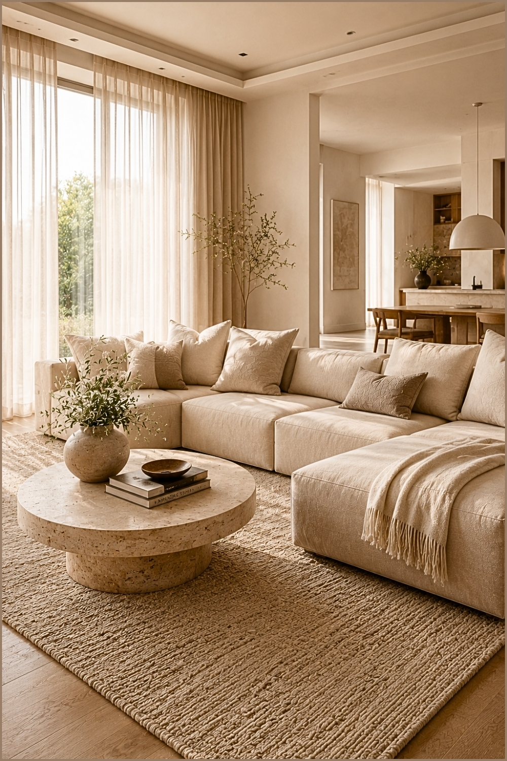 Minimalist Beige Living Room with Sheer Curtains