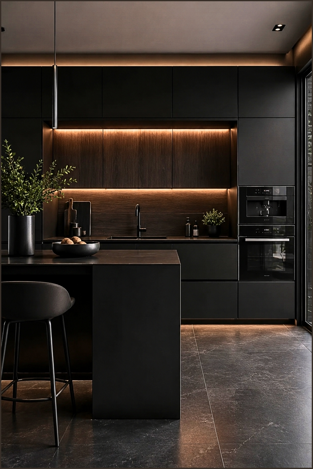 Minimalist Black Kitchen With Ambient Under-Cabinet Lighting