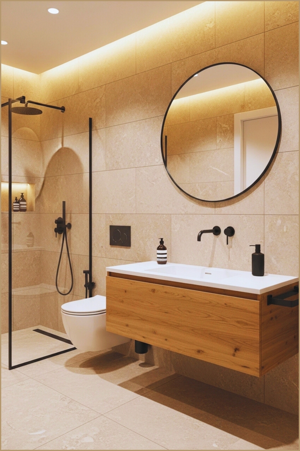 Minimalist Modern Bathroom, Beige Stone Tiles Floating Wooden