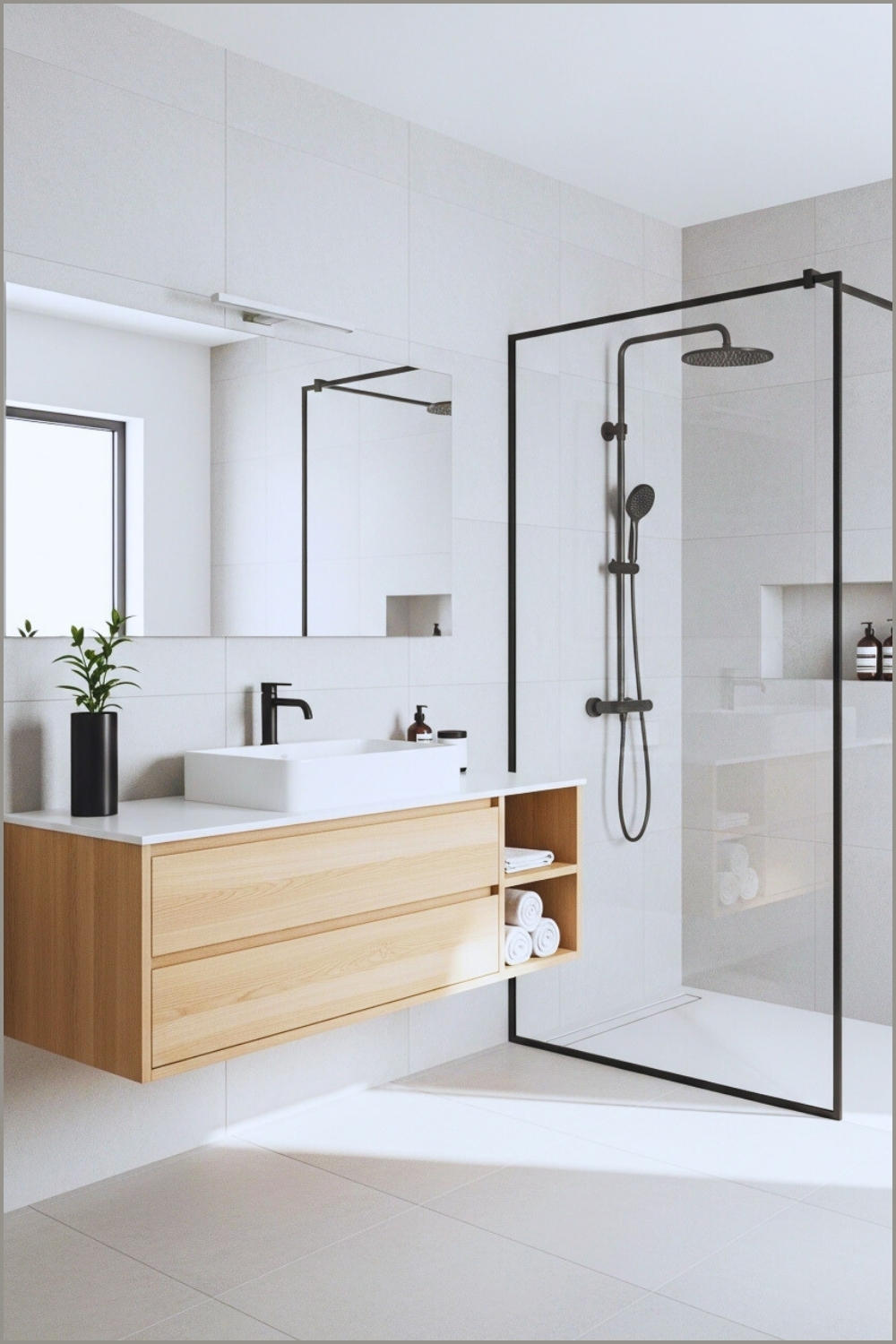 Minimalist Modern Bathroom, Light Grey Tiles