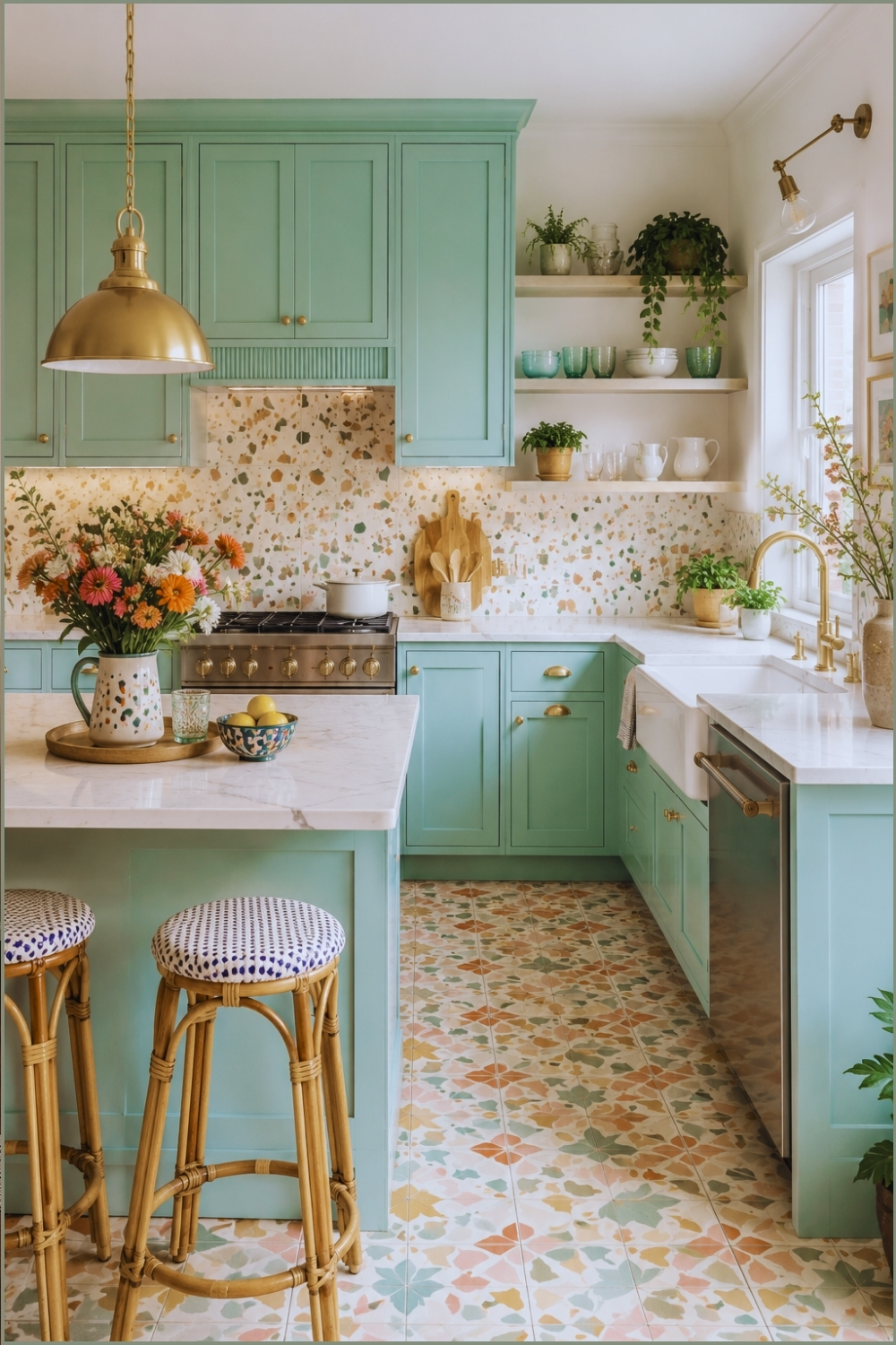 Mint Blue Kitchen with Terrazzo Color Backsplash