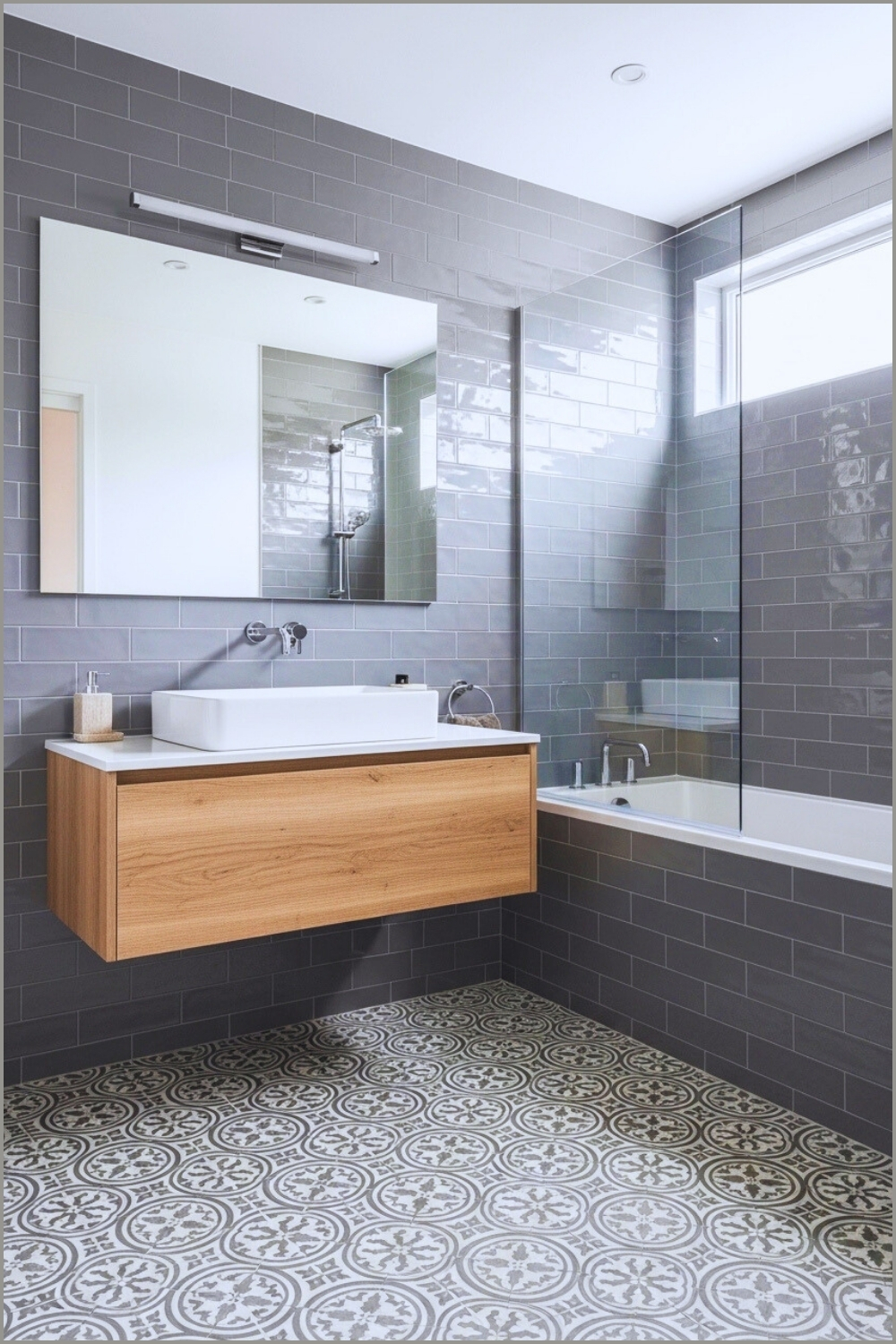 Modern Bathroom Interior, Grey Subway Tiles Patterned