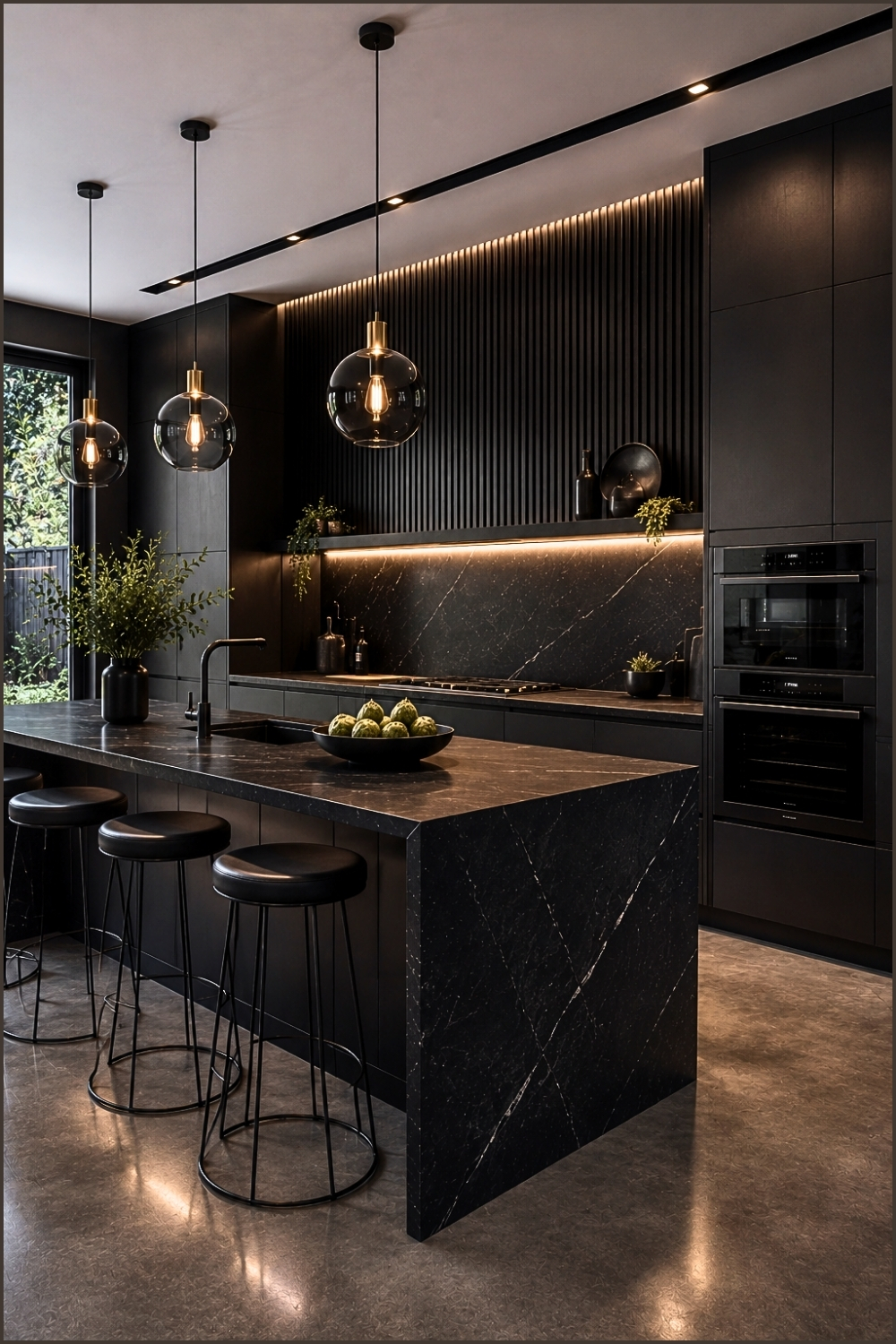 Modern Black Kitchen With Fluted Wood Feature Wall
