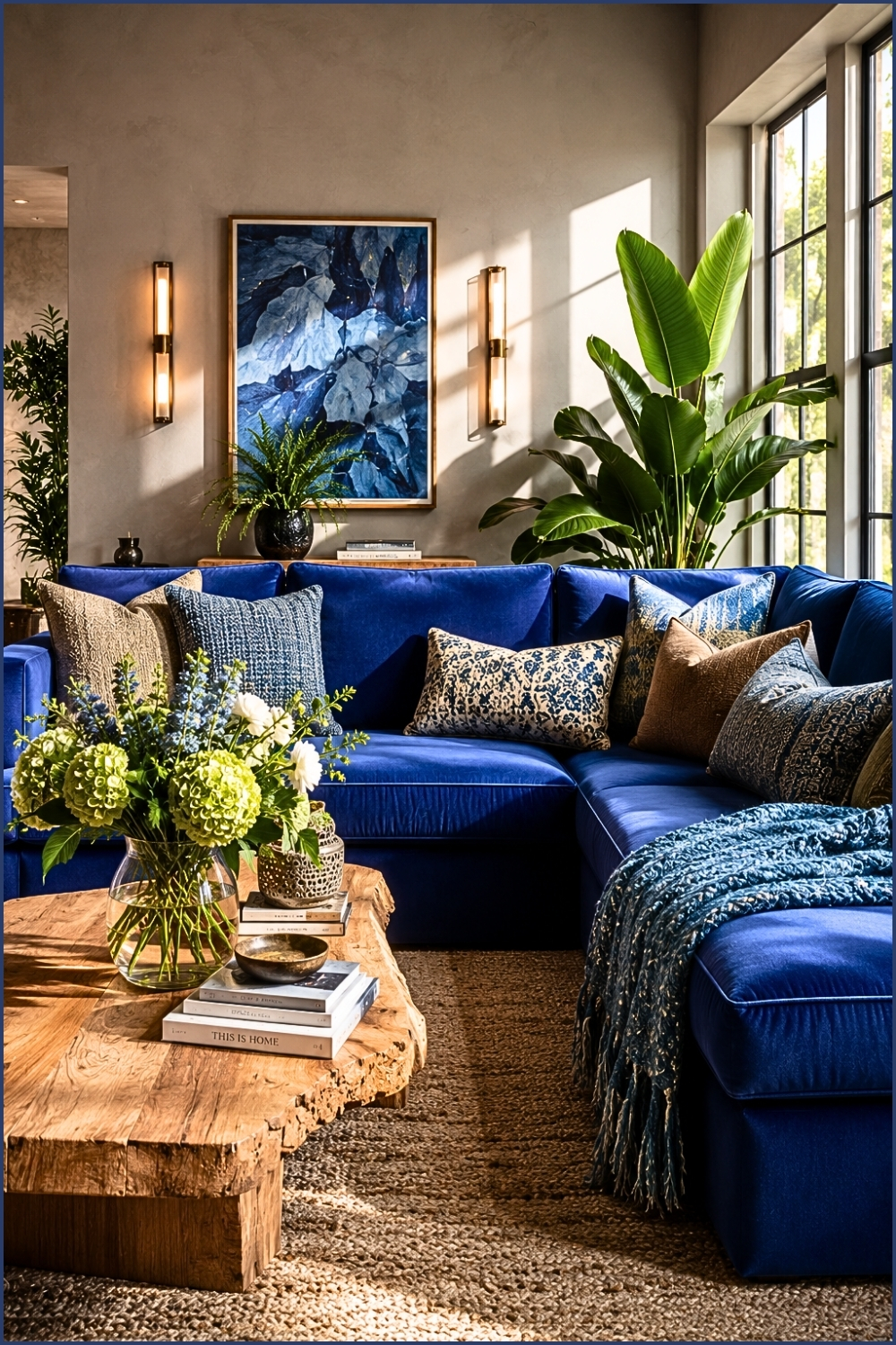 Modern Blue Living Room with Botanical Styling